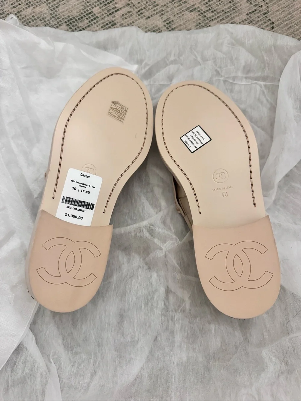 CHANEL Beige Patent Leather Penny Loafers